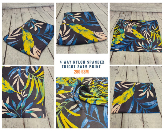 4 Way Stretch Assorted Print Nylon Spandex Fabric By The Yard Tricot Swim Wear Bikini Active Wear Blue Yellow Tropical Floral Print 280 GSM