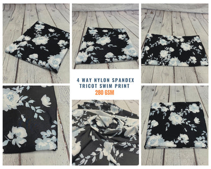 4 Way Stretch Assorted Print Nylon Spandex Fabric By The Yard Tricot Swim Wear Bikini Active Wear Black White Floral Print 280 GSM