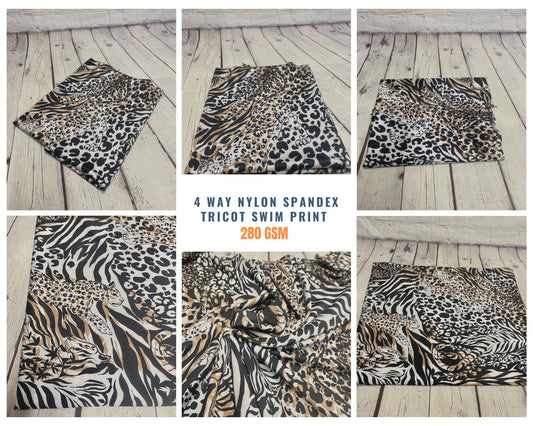 4 Way Stretch Print Nylon Spandex Fabric By The Yard Tricot Swim Wear Bikini Active Wear Brown Cheetah Zebra Leopard Animal  Print 280 GSM