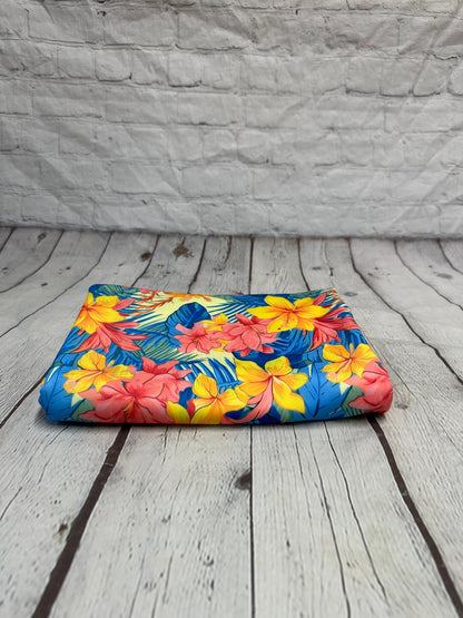 4 Way Stretch Print Spandex Fabric By The Yard Tricot Swim Wear Bikini Multi Color  Bright Yellow Blue  Tropical Floral Flower