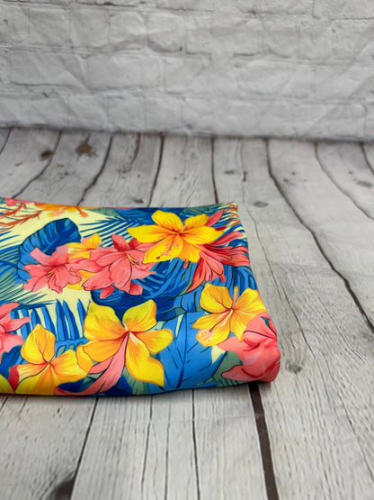 4 Way Stretch Print Spandex Fabric By The Yard Tricot Swim Wear Bikini Multi Color  Bright Yellow Blue  Tropical Floral Flower