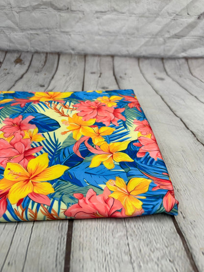 4 Way Stretch Print Spandex Fabric By The Yard Tricot Swim Wear Bikini Multi Color  Bright Yellow Blue  Tropical Floral Flower