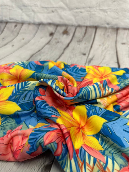 4 Way Stretch Print Spandex Fabric By The Yard Tricot Swim Wear Bikini Multi Color  Bright Yellow Blue  Tropical Floral Flower