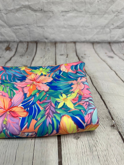 4 Way Stretch Print Spandex Fabric By The Yard Tricot Swim Wear Bikini Multi Color  Bright Neón Yellow Blue  Tropical Floral Flower