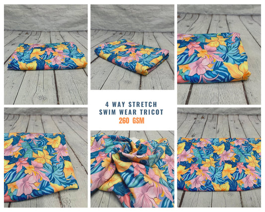 4 Way Stretch Print Spandex Fabric By The Yard Tricot Swim Wear Bikini  Bright Yellow Pink Tropical Floral Flower