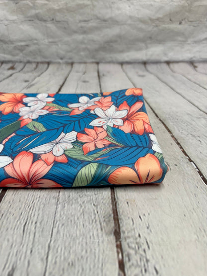 4 Way Stretch Print Spandex Fabric By The Yard Tricot Swim Wear Bikini  White Coral Leaf Tropical Floral Flower