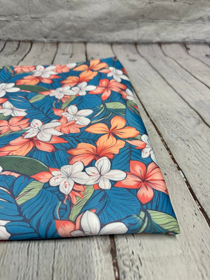 4 Way Stretch Print Spandex Fabric By The Yard Tricot Swim Wear Bikini  White Coral Leaf Tropical Floral Flower