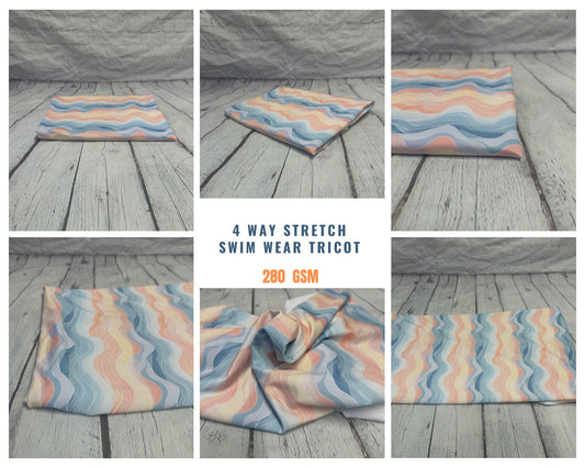 4 Way Stretch Print Spandex Fabric By The Yard Tricot Swim Wear Bikini Pastel Multi Color Hazy Wave 280 GSM