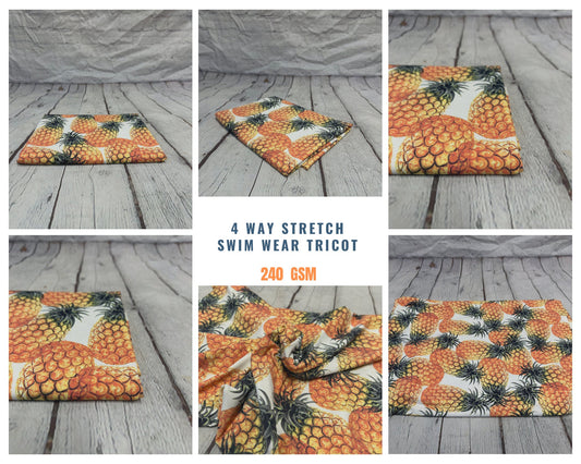 4 Way Stretch Assorted Print Nylon Spandex Fabric By The Yard Tricot Swim Wear Bikini Active  Tropical Fruit Pineapple  240 GSM