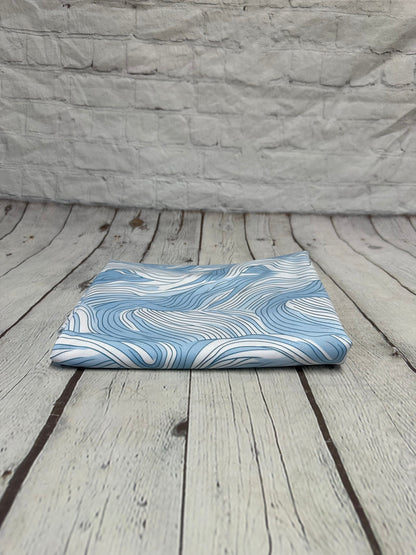 4 Way Stretch Print Spandex Fabric By The Yard Tricot Swim Wear Bikini Pastel Blue White Hazy Wave Water 280 GSM