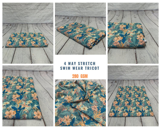 4 Way Stretch Print Spandex Fabric By The Yard Tricot Swim Wear Bikini Tropical  Floral Jungle Leaves 280 GSM