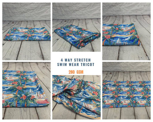 4 Way Stretch Print Spandex Fabric By The Yard Tricot Swim Wear Bikini Tropical  Blue Coral Palm Tree Ocean Leaves 280 GSM