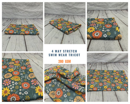 4 Way Stretch Print Nylon Spandex Fabric By The Yard Tricot Swim Wear Bikini Active Wear Boho Abstract Floral 70s Retro Vintage 280 GSM
