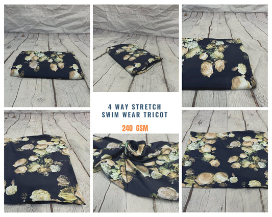 4 Way Stretch Assorted Print Nylon Spandex Fabric By The Yard Tricot Swim Wear Bikini Active Black Nude Flower Floral  240 GSM