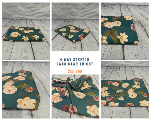 4 Way Stretch Assorted Print Nylon Spandex Fabric By The Yard Tricot Swim Wear Bikini Active  Teal Floral Flower 240 GSM