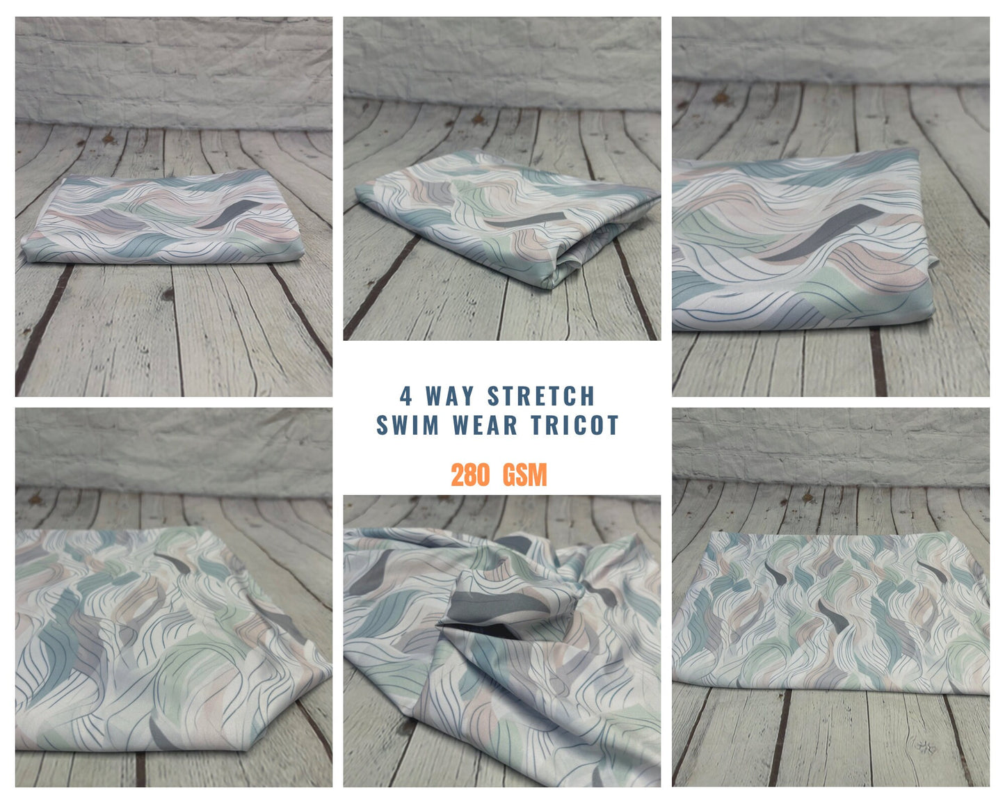 4 Way Stretch Print Spandex Fabric By The Yard Tricot Swim Wear Bikini Pastel Sage Hazy Wave Water 280 GSM