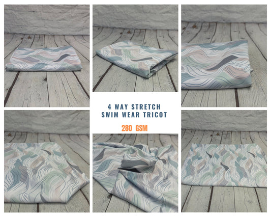 4 Way Stretch Print Spandex Fabric By The Yard Tricot Swim Wear Bikini Pastel Sage Hazy Wave Water 280 GSM