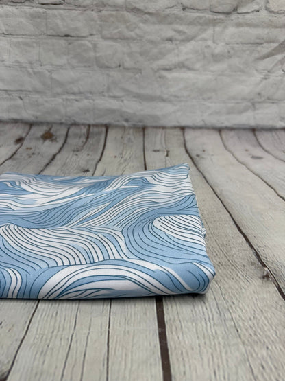 4 Way Stretch Print Spandex Fabric By The Yard Tricot Swim Wear Bikini Pastel Blue White Hazy Wave Water 280 GSM
