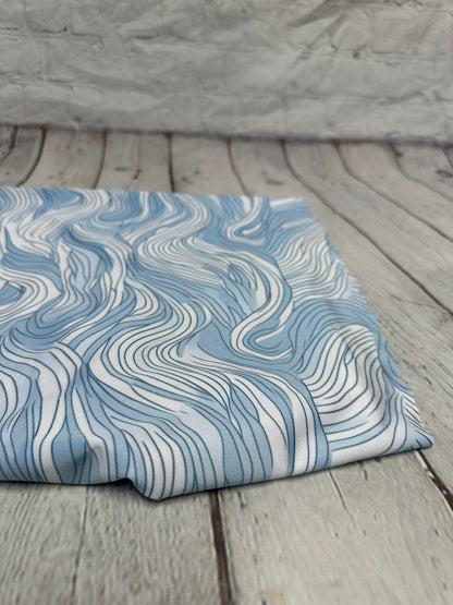 4 Way Stretch Print Spandex Fabric By The Yard Tricot Swim Wear Bikini Pastel Blue White Hazy Wave Water 280 GSM