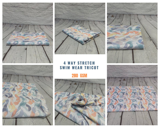 4 Way Stretch Print Spandex Fabric By The Yard Tricot Swim Wear Bikini Pastel Sage Coral Hazy Wave Water 280 GSM