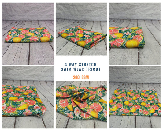 4 Way Stretch Print Spandex Fabric By The Yard Tricot Swim Wear Bikini Tropical Lemon Fruit White Floral Leaf 280 GSM