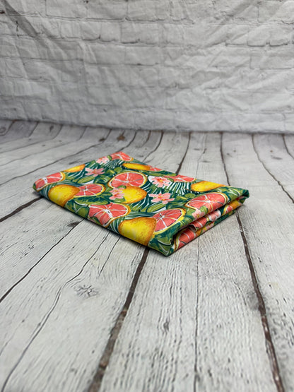 4 Way Stretch Print Spandex Fabric By The Yard Tricot Swim Wear Bikini Tropical Lemon Fruit White Floral Leaf 280 GSM