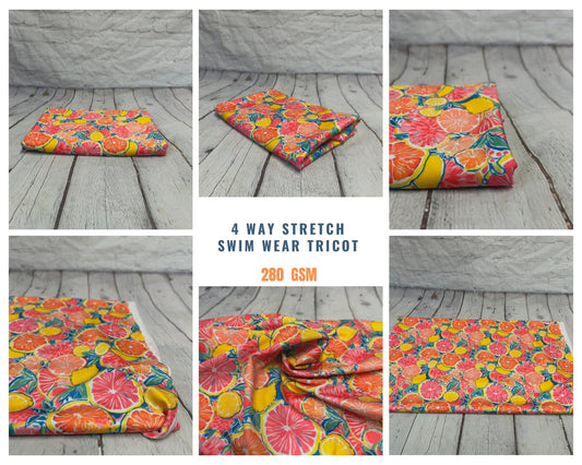 4 Way Stretch Print Spandex Fabric By The Yard Tricot Swim Wear Bikini Tropical Lemon Fruit Orange Floral 280 GSM