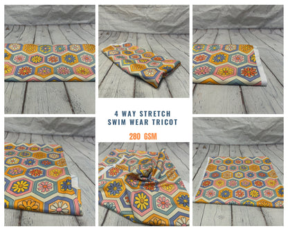 4 Way Stretch Print Spandex Fabric By The Yard Tricot Swim Wear Bikini  Boho Hexagon Floral 70s Vinatge Print  280 GSM