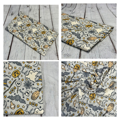 DBP 4x2 Rib Knit Halloween Print Bat Ghost Pumplin Broom Double Brushed Polyester Spandex Floral Fabric By The Yard