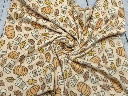 DBP 4x2 Rib Knit Halloween Print Pumpkin Latte Fall Leaves Spooky Brushed Polyester Spandex Floral Fabric By The Yard