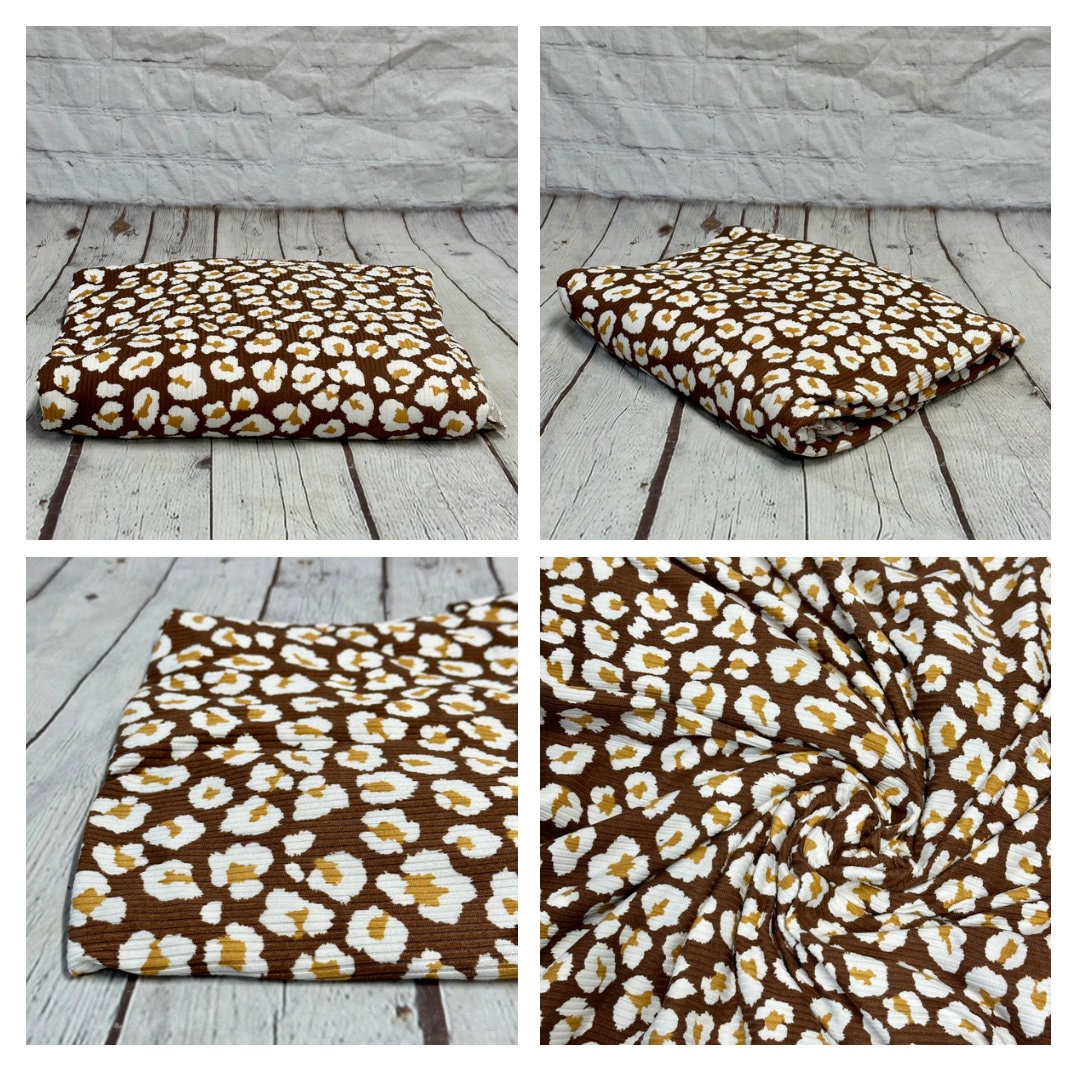 DBP 4x2 Rib Knit Double Brushed White Brown Animal Print Leopard Cheetah Polyester Fabric By The Yard