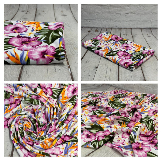 4 Way Stretch Print Nylon Spandex Fabric By The Yard Tricot Swim Wear Bikini Active Wear Bird Of Paradise Tropical Floral Hibiscus