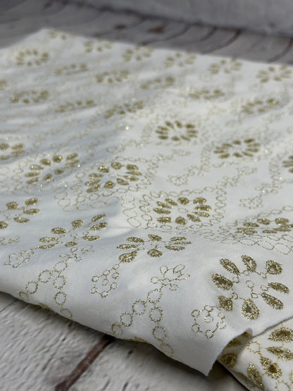 4 Way Stretch Print Nylon Spandex Fabric By The Yard Tricot Swim Wear Bikini Active Wear Embroidered Texture Eyelet Ivory Gold Lurix