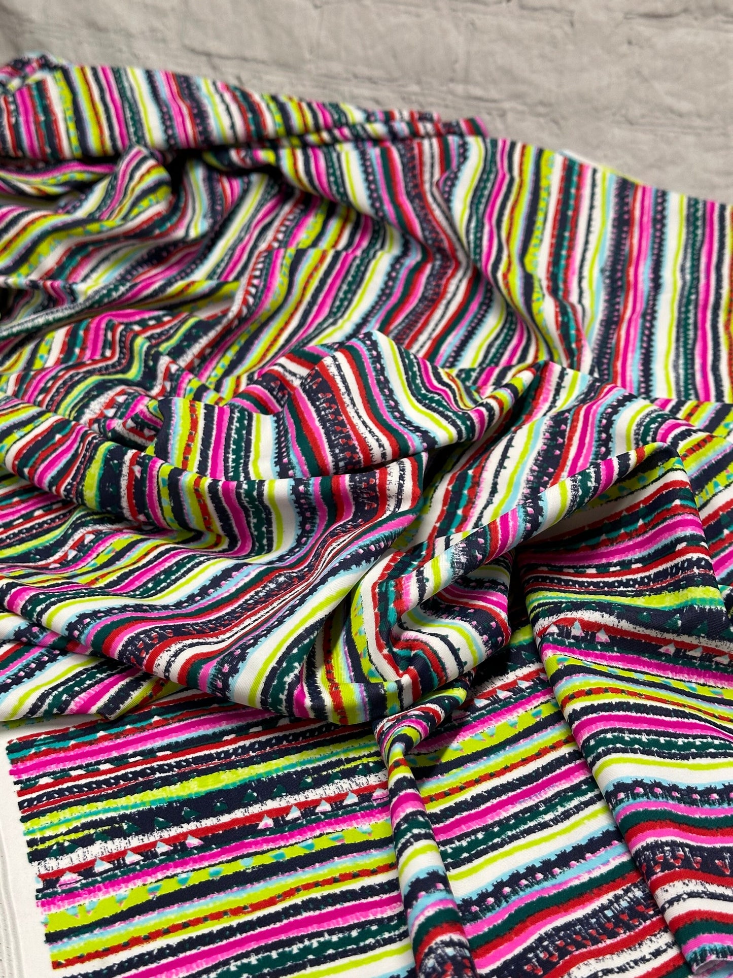 4 Way Stretch Print Nylon Spandex Fabric By The Yard Tricot Swim Wear Bikini Active Wear Multi Color Stripe Geometric Kiwi Magenta  Rustic