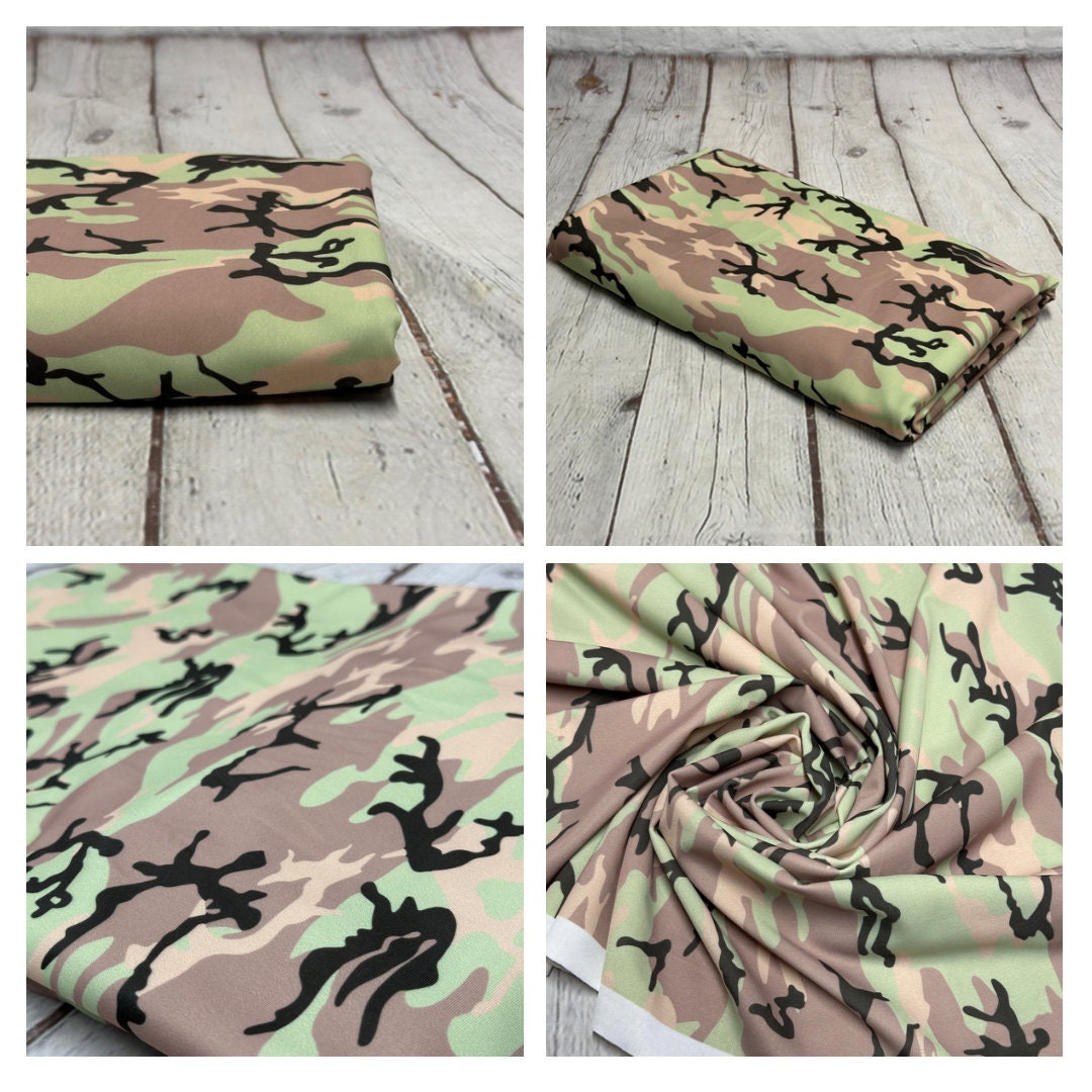 4 Way Stretch Print Nylon Spandex Fabric By The Yard Tricot Swim Wear Bikini Active Wear Camouflage Army Camo Green Tan
