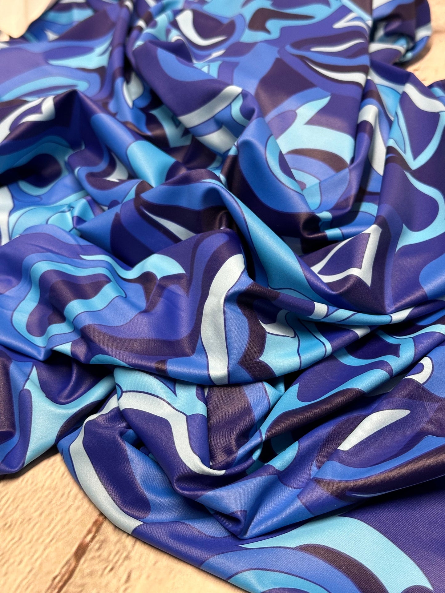 4 Way Stretch Print Nylon Spandex Fabric By The Yard Tricot Swim Wear Bikini Active Wear Abstract Geometric Shapes  Swirls Retro BohoBlue
