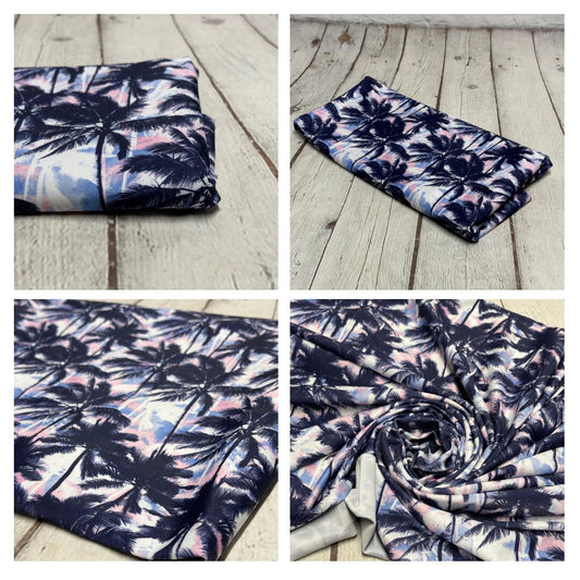 4 Way Stretch Print Nylon Spandex Fabric By The Yard Tricot Swim Wear Bikini Active Wear Tropical Ocean Palm Tree Beach Blue Pink