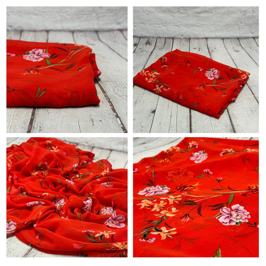 Polyester Chiffon Woven Print Fabric By The Yard Red Rose Flower Summer  Floral Print Summer Flowy Dress