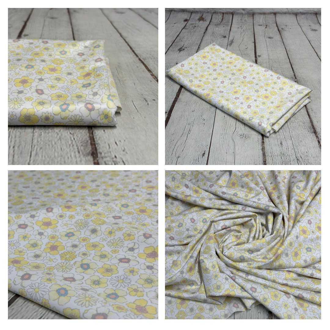 4 Way Stretch Tricot Print Spandex Fabric By The Yard Tricot Swim Wear Bikini Soft Pastel Small Ditsy Flower Foral Yellow Banana Daisy