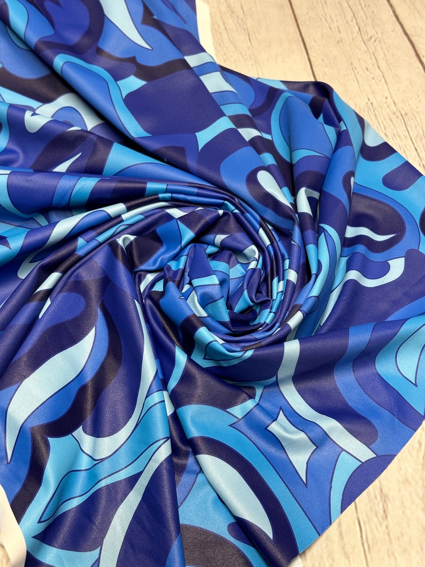 4 Way Stretch Print Nylon Spandex Fabric By The Yard Tricot Swim Wear Bikini Active Wear Abstract Geometric Shapes  Swirls Retro BohoBlue