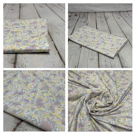 4 Way Stretch Tricot Print Spandex Fabric By The Yard Tricot Swim Wear Bikini Soft Pastel Small Ditsy Flower Foral Lilac Yellow Daisy