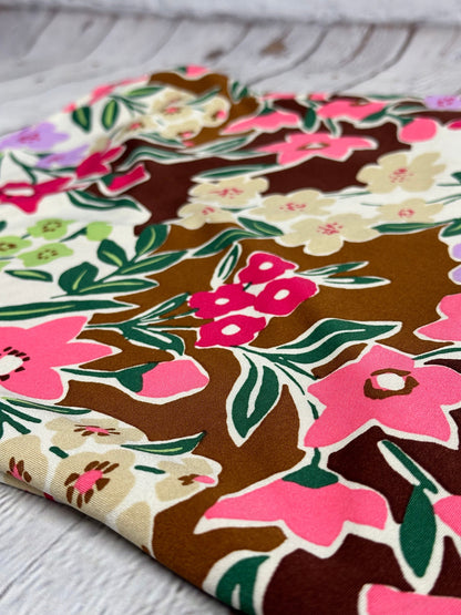 DTY Print Polyester Fabric Multicolor Rustic Floral Brown Pink