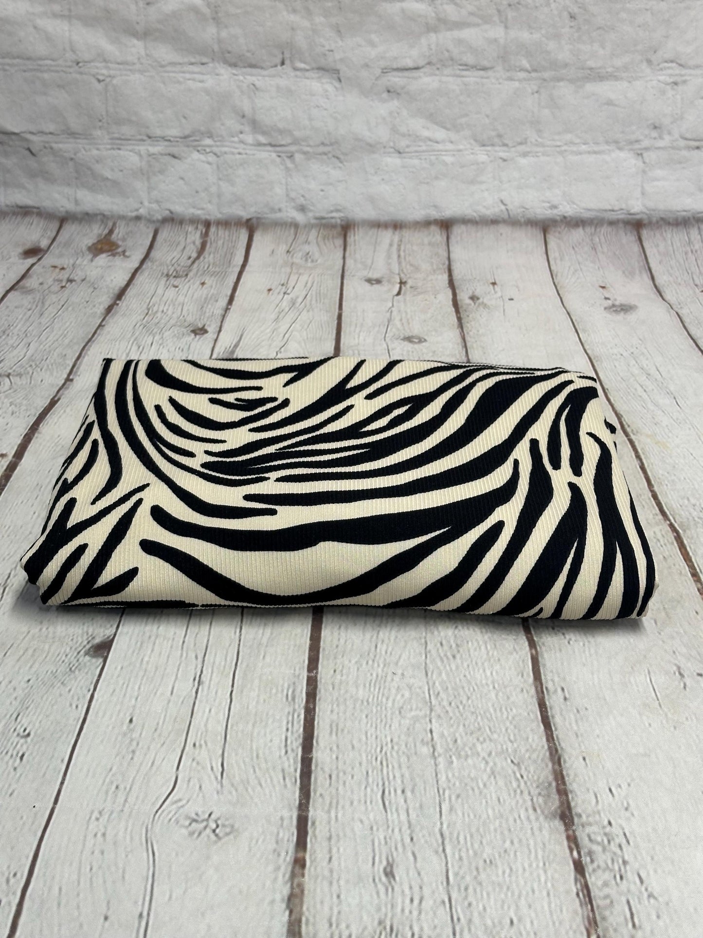 DBP 4x2 Rib Knit Animal Black Ivory Zebra Polyester Fabric By The Yard