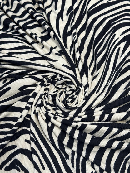 DBP 4x2 Rib Knit Animal Black Ivory Zebra Polyester Fabric By The Yard