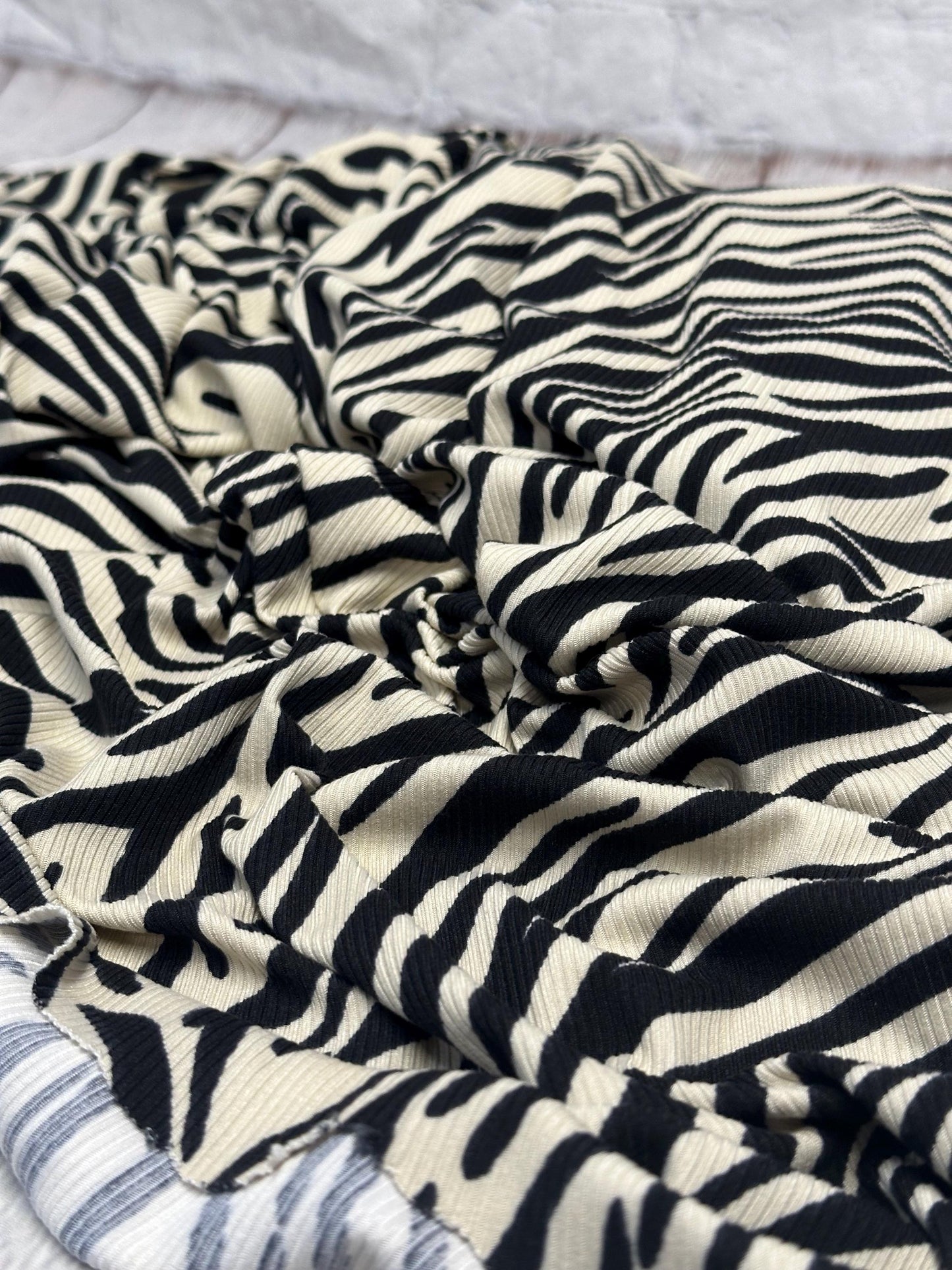 DBP 4x2 Rib Knit Animal Black Ivory Zebra Polyester Fabric By The Yard