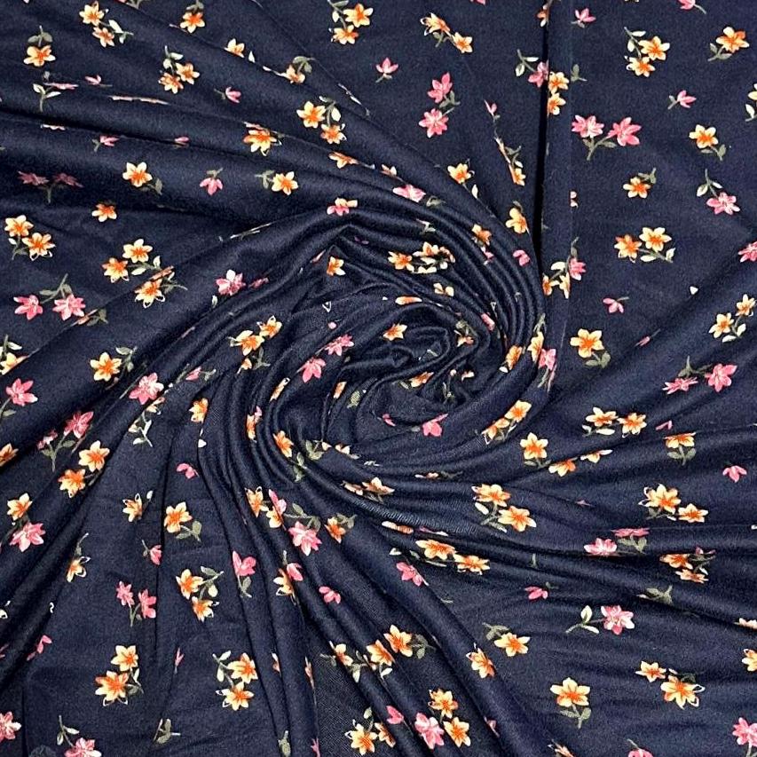 DBP Double Brushed Poly Spandex Print Ditsy Flower Vintage Mini Floral Print By The Yard Navy