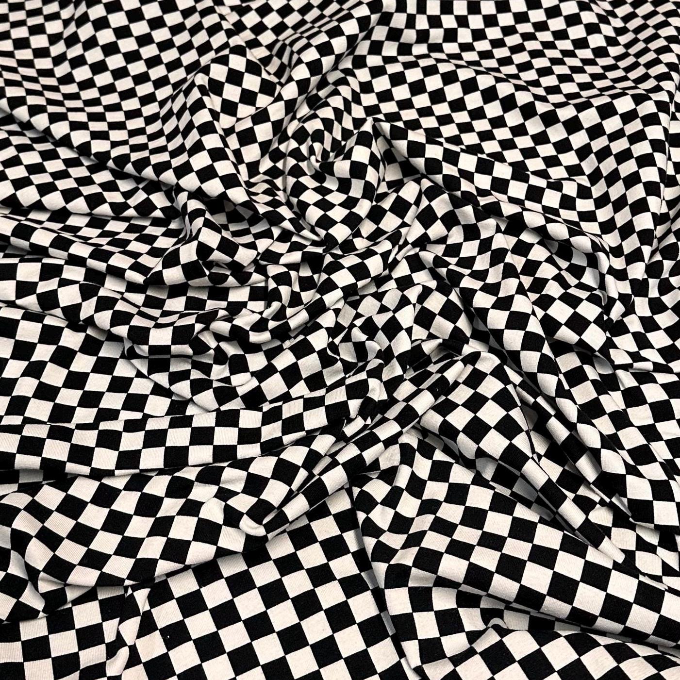 Medium Weight Cotton Spandex Black White Checkered  Print Fabric By The Yard Checker Board 170 GSM