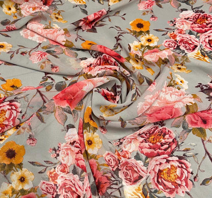 Polyester Chiffon Woven Print Fabric By The Yard Silver Flower Summer  Floral Print Summer Flowy Dress