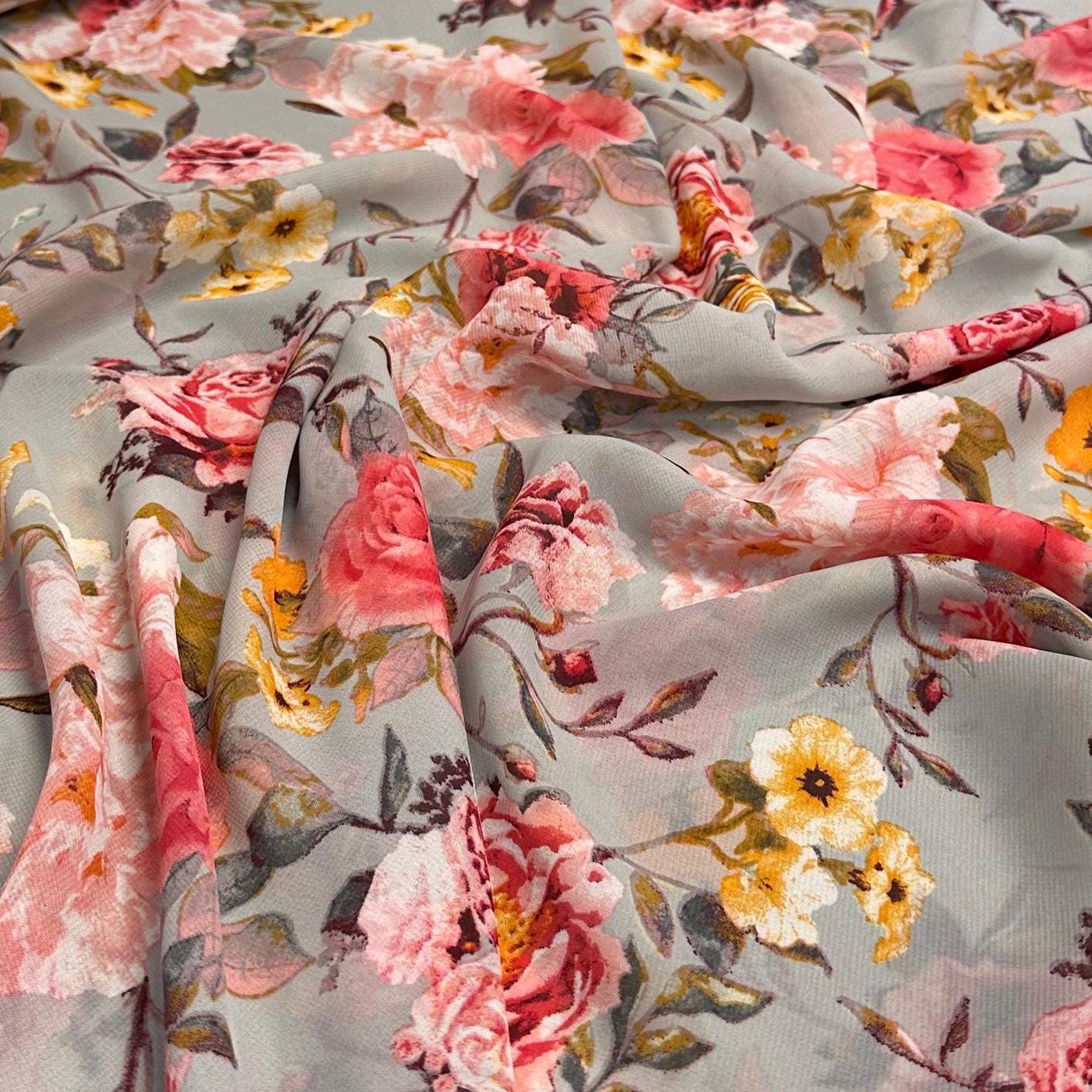 Polyester Chiffon Woven Print Fabric By The Yard Silver Flower Summer  Floral Print Summer Flowy Dress