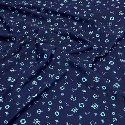 4 Way Stretch Print Nylon Spandex Fabric By The Yard Tricot Swim Wear Bikini Active Wear Mini Sailor Anchor Boat Symbols Navy